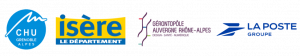 Logo des 4 partenaires du projet DIG-ICOPE : le CHU Grenoble Alpes, le département de l'Isère, le Gérontopôle Auvergne Rhône-Alpes, et le Groupe La Poste